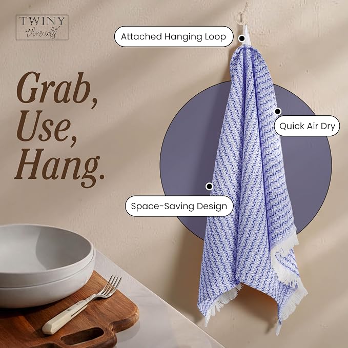 TWINY threads Kitchen Towel Chevron Pattern, Premium Large Kitchen Linen Set, 100% Cotton Wash Rags, Absorbent Quick Drying Cloths, Washable Reusable Multi Purpose, Set of 12, 16x26 Inch, Indigo Blue