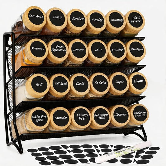 DIDITIME Spice Rack Organizer with 24 Glass Jars and 60 Labels, 4-Tier Seasoning Organizer for Cabinet, Countertop, Pantry or Wall Mount, Rust-Resistant Carbon Steel Spice Jar Set with Marker
