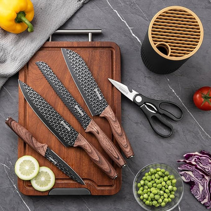GOODA Kitchen Knife Set With Block,6-Piece Professional Chef Cooking Knives Set For Kitchen,Non-Stick Stainless Steel Knife Block Set