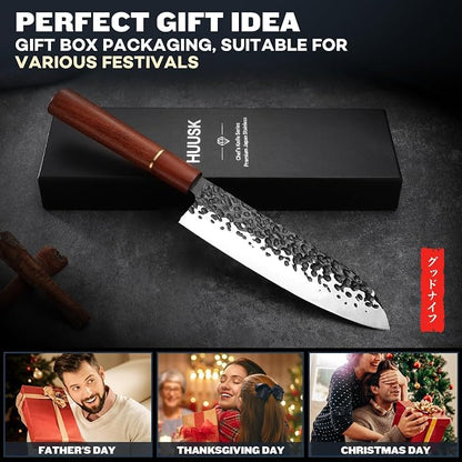 Huusk Japanese Santoku Chef Knife, Professional Chef Knife 7 Inch, Razor Sharp Kitchen Knives for Meat Cutting, Multipurpose Cooking Knives with Hand Forged Blade & Rosewood Handle, Ideal Gifts