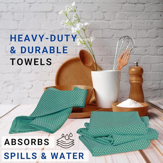 TWINY threads Kitchen Towels Set of 4, 100% Cotton Dotted Dish Towel, Soft, Tea Towels with Hanging Loop (18"x 28"), Washable Bar Towels for Table Cleaning - Turquoise Green