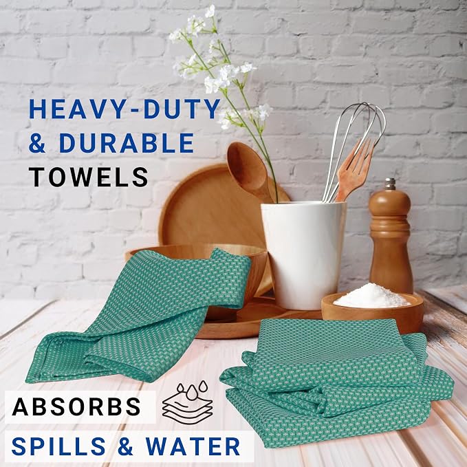 TWINY threads Set of 6 Kitchen Dish Towels, 100% Cotton, 18x28 Inches, Soft & Absorbent Wash Cloths with Hanging Loop, Quick Drying, Washable Bar Towel for Table Cleaning - Turquoise Green