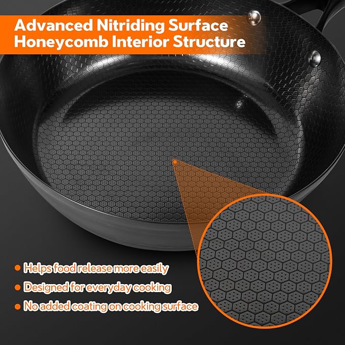11-Inch Carbon Steel Frying Pan with Glass Lid, Pre-Seasoned Skillet with Honeycomb Interior, Deep Nonstick Fry Pan for Eggs, Omelets, Fried Rice, All Cooktops Compatible, Oven Safe 450°F