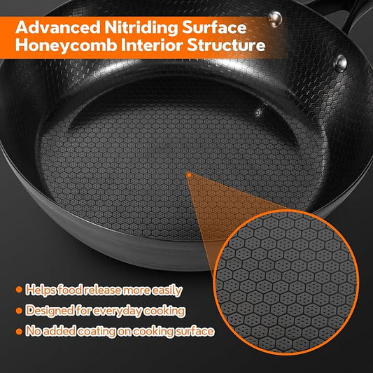 11-Inch Carbon Steel Frying Pan with Glass Lid, Pre-Seasoned Skillet with Honeycomb Interior, Deep Nonstick Fry Pan for Eggs, Omelets, Fried Rice, All Cooktops Compatible, Oven Safe 450°F