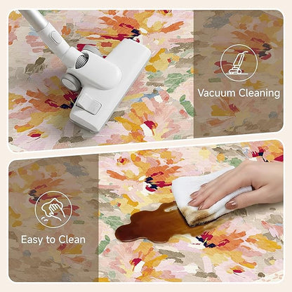 Anti Fatigue Kitchen Mats 2PCS Thick Non Slip Cushioned Rugs Beige Abstract Floral Waterproof Comfort Standing Mats for Floor Sink Laundry Office 17.3"×47"+17.3"×30"