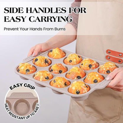 1 Pc Silicone Muffin Pans for Baking with Metal Reinforced Frame, Nonstick Cupcake Tray for Oven, 12 Cups Regular Size Silicone Molds for Egg Bites, Dishwasher Safe (Brown)