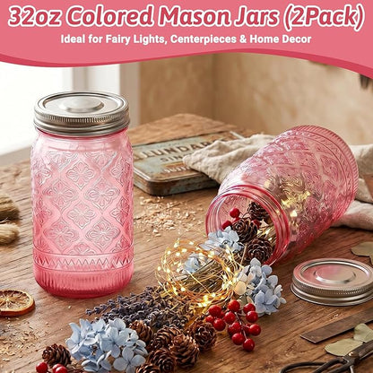 Pink Mason Jars 32 oz with Stainless Steel Leakproof Lids, 2 Pack Wide Mouth Colored Glass Jars for DIY Crafts, Wedding Centerpieces, Home Decor, Flower Vase, Bathroom Storage