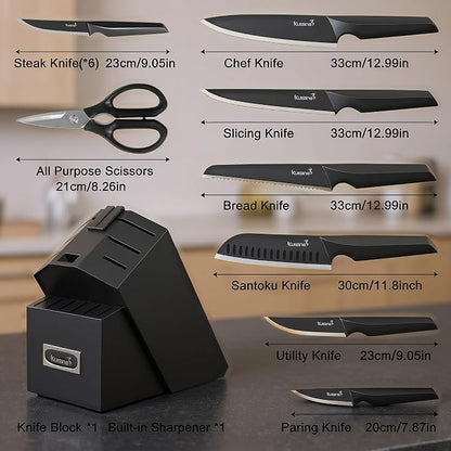 KUISINE Upgraded Chef Knife Set One Piece Molding High Carbon Stainless Steel,Super Sharp Blade Ergonomic Steel Handle,Knife Block Set with Built-in Sharpener(EX Black Pro,15PCS)