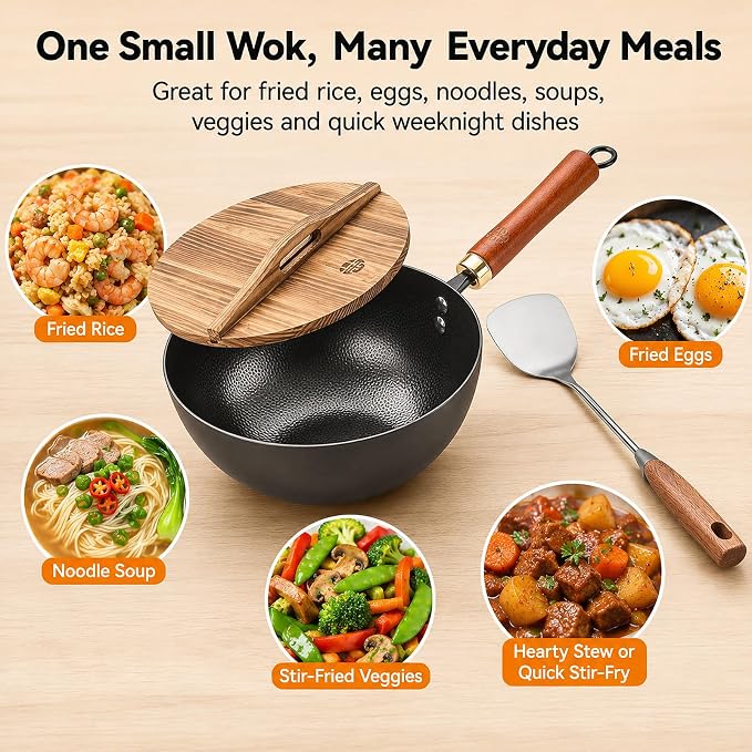 WANGYUANJI 8.7-Inch Carbon Steel Mini Wok, Flat Bottom Small Stir Fry Pan for 1–2 Servings, Uncoated Textured Wok for Gas, Electric, Ceramic & Induction Stoves, with Lid & Spatula