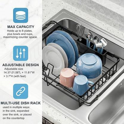 Expandable in Sink Dish Drying Rack - Adjustable Capacity Over The Sink Dish Drainer Drying Rack with Utensil Holder for Kitchen Counter, Drying Rack for Small Space,14.37“-21.06”L x 11.81“W x 3.74”D