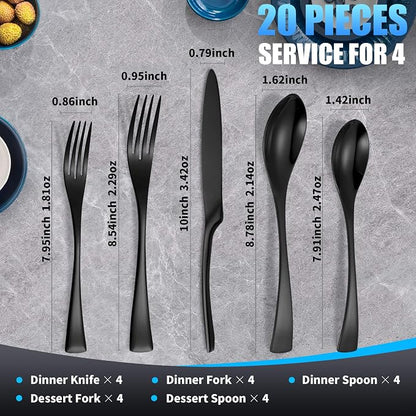 Lemeya 20-Pieces Black Silverware Set for 4,Heavy Duty 18/10 Stainless Steel Flatware Set with Forged Stand Knives,Modern Cutlery Utensil Set,Mirror Polished,Dishwasher Safe
