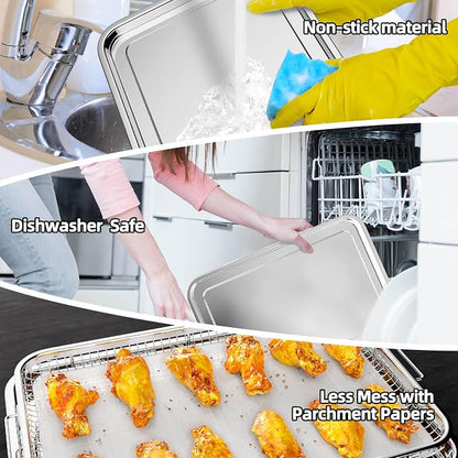 Air Fryer Basket, 2 Set Air Fryer Pans and Tray for Oven with 60 PCS Parchment Papers, DEGOVIN Non-stick Stainless Steel Oven Air Fryer Basket and Tray-18.8" x 12.8"Extra Large &14.88"×10.98"Large