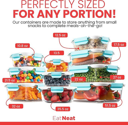 EatNeat Glass Food Storage Containers with Airtight Locking Lids – Durable & Sleek – Oven-to-Table, Microwave, Freezer & Dishwasher Safe – Includes Large, Medium & Small Sizes – Giftable 10-Pack Set