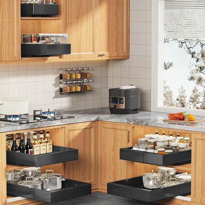 Seinloes 2 Pack Expandable (9"-14") Pull Out Cabinet Organizer 21" Deep With Raising Pad for Framed Cabinets,Upgrade 3 Slide Rails Slide Out Drawers,No Drill Roll Out Shelves Adhesive,Black