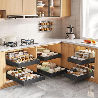 Seinloes 2 Pack Pull Out Cabinet Organizers 21" Deep With Raising Pad for Framed Cabinets, Expandable Width (9"-14") Slide Out Drawers Upgrade 3 Slide Rails, Roll Out Shelves Adhesive, Black