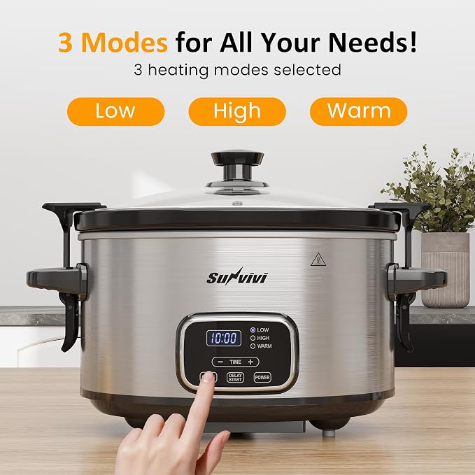 Sunvivi 4QT Programmable Slow Cooker with Locking Lid, Removable Ceramic Pot, 3 Heating Settings & Timer, Dishwasher-Safe, Stainless Steel