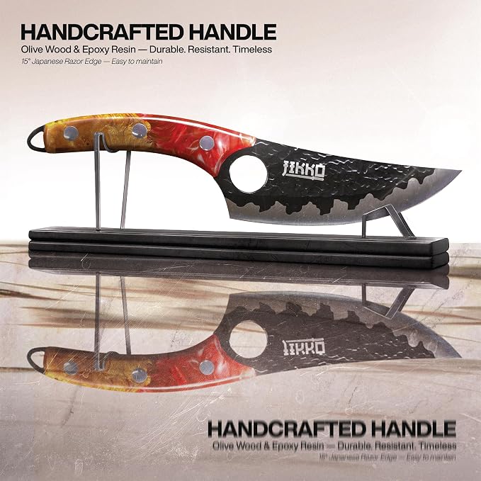 Jikko Japanese Knife Phoenix Edition Chef’s Knife, classic silhouette revisited: Forged & Hammered Blade, Black Titanium-Nitride Matte, Handcrafted Olive Wood & Resin Handle