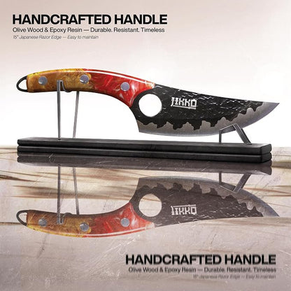 Jikko Japanese Knife Phoenix Edition Chef’s Knife, classic silhouette revisited: Forged & Hammered Blade, Black Titanium-Nitride Matte, Handcrafted Olive Wood & Resin Handle