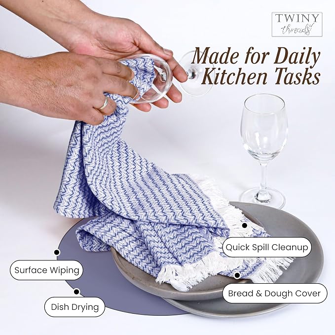 TWINY threads Kitchen Towel Chevron Pattern, Premium Large Kitchen Linen Set, 100% Cotton Wash Rags, Absorbent Quick Drying Cloths, Washable Reusable Multi Purpose, Set of 12, 16x26 Inch, Indigo Blue