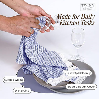 TWINY threads Kitchen Towel Chevron Pattern, Premium Large Kitchen Linen Set, 100% Cotton Wash Rags, Absorbent Quick Drying Cloth, Washable Reusable Multi Purpose, Set of 4, 16x26 Inches, Indigo Blue