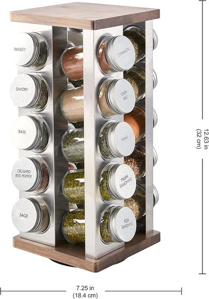 Kamenstein 20 Jar Vintage Revolving Countertop Spice Rack Organizer with Spices Included, FREE Spice Refills for 5 Years, Wood and Stainless Steel with Metal Caps