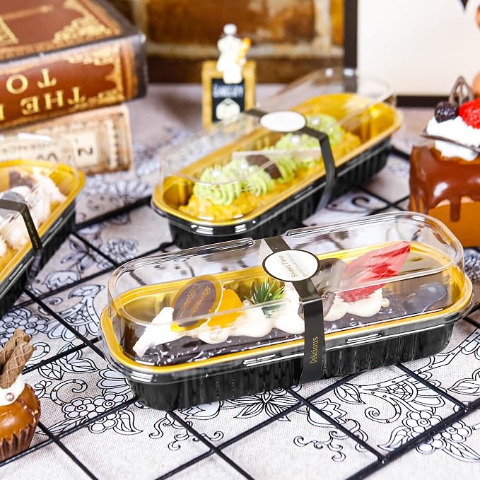 100 Pack Mini Loaf Pans with Lids Rectangle Individual Cake Pans Aluminum Foil Pans for Large Gatherings Picnics Vacations Parties, Graduation Gifts Party Favors(Black Gold, 6.8 OZ)