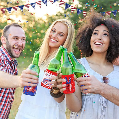 4th of July Can Cooler Sleeves, 18pcs American Flag Beer Drink Can Bottle Cooler Sleeves Collapsible for 250th Anniversary Fourth of July Independence Day Party Decorations Supplies Favors
