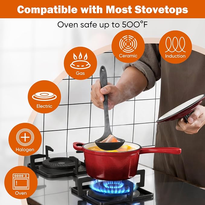 Homikit 1 QT & 2 QT Saucepan Set, Enameled Cast Iron Saucepan with Lid for All Cooktops, Small Pot Mini Dutch Oven for Kitchen Cooking, Boiling, Nonstick & Heavy Duty, Red