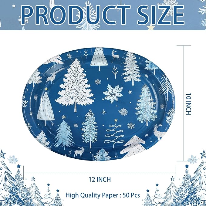 50Pcs Winter Tree Oval Paper Plates 10" x 12" Winter Wonderland Blue Large Heavy Duty Plates Christmas Tree Snowflake Disposable Platters Tableware for Xmas Holiday Party Decorations