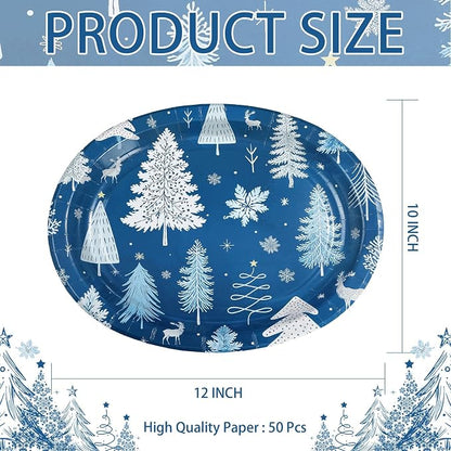 50Pcs Winter Tree Oval Paper Plates 10" x 12" Winter Wonderland Blue Large Heavy Duty Plates Christmas Tree Snowflake Disposable Platters Tableware for Xmas Holiday Party Decorations