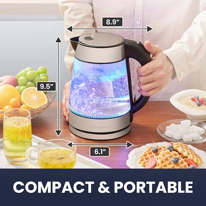 Elite Gourmet EKT-602 Electric BPA-Free Glass Kettle, Cordless 360° Base, Stylish Blue LED Interior, Handy Auto Shut-Off Function – Quickly Boil Water For Tea & More