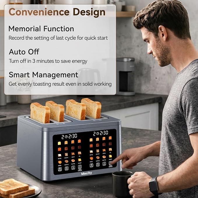 Mecity 4 Slice Toaster Wide Slot, Auto Lift Keep Warm Smart Toaster with Touch Screen, Dual Control Panel, Defrost, Auto Shut Off Digital Toasters for Bagel Muffin Waffle Gluten Free Breads1700W 120V
