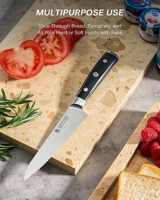 KYOKU 5.5 in. Serrated Utility Knife, Samurai Series Japanese Utility Chef Knife with Pakkawood Handle, German 1.4116 Stainless Steel Full Tang Sandwich Tomato Knife with Protective Sheath & Gift Box