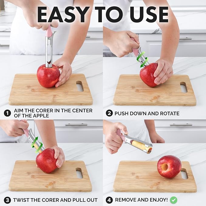 Zulay Kitchen Ultra Sharp Apple Corer Tool - Stainless Steel, Sharp & Serrated Blade Cores in Seconds - Easy to Use & Clean, Durable Apple Core Remover for Apples & Small Fruits - Pink