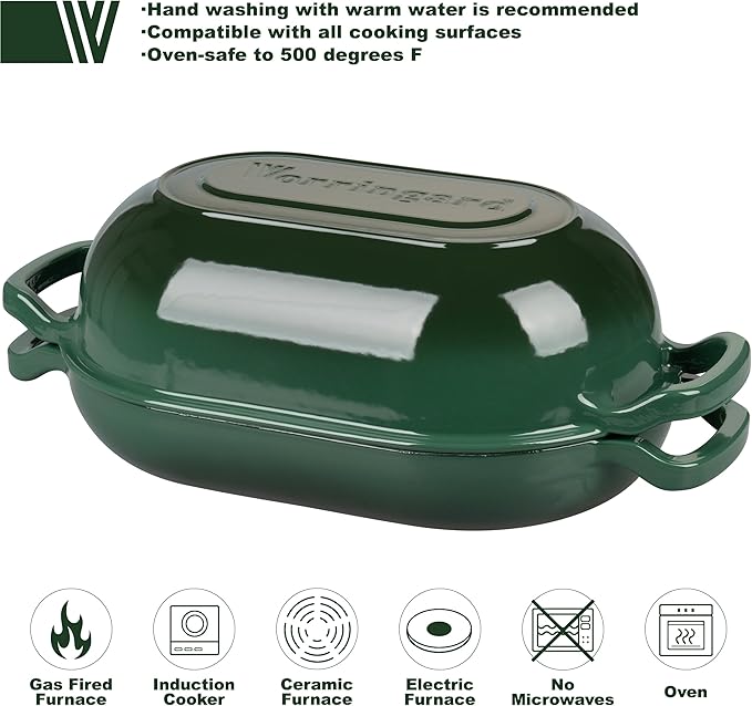VORRINGARD Enameled Cast Iron Sourdough Bread Oven, Dutch Oven, Loaf Cast Iron Bread Pan for Homemade Bread Baking, Meatloaf Pan with Lid, 5QT, Dark Green