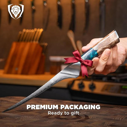 Dalstrong Valhalla 7" Fillet Knife — Flexible High-Carbon Blade (8–12° Edge), Unique Wood Resin Handle - For Filleting Fish, Deboning Proteins, Trimming Silverskin — Leather Sheath, Customer Support