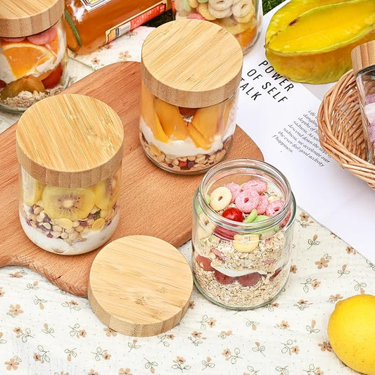6 Pack 16oz Glass Overnight Oats Jars - Airtight Containers with Bamboo Lids, Wide Mouth Mason Jars for Salad, Yogurt, Snacks & Food Storage