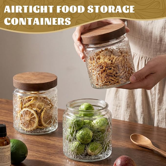 Suclain 6 Pcs 17 OZ Vintage Glass Jar with Acacia Wood Lids Airtight Glass Storage Canisters Kitchen Spice Jars Food Storage Containers for Pantry Coffee Grains Tea Sugar Flour(Morning Glory)