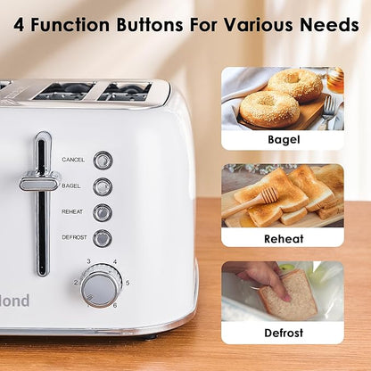 Roter Mond Toaster 4 Slice Retro Stainless Steel with Extra Wide Slots Bagel, Defrost, Reheat Function, Dual Independent Control Panel, Removable Crumb Tray, 6 Browning Levels, White