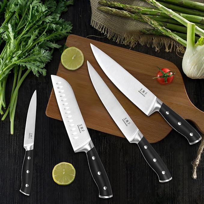 WANGMAZI 15 Pcs Knife Set with Block, Dishwasher Safe Kitchen Knife Set with Built in Sharpener Block, High Carbon Stainless Steel Dishwasher Safe Knives with Ergonomic Handles for Chef, Black Pro