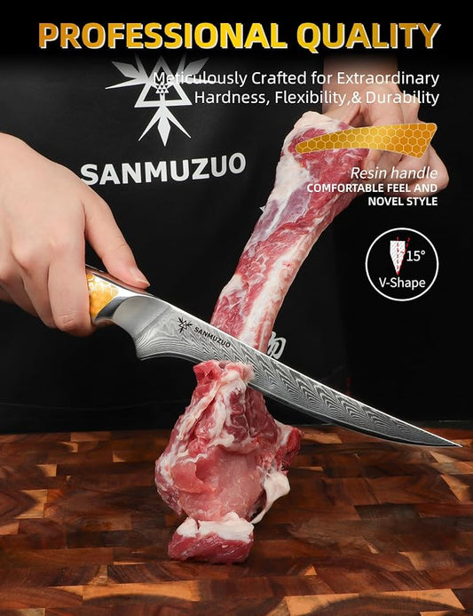 7 inch Fillet Knife, Japanese VG-10 Damascus Steel Kitchen Fish Boning Knife, Ultra Sharp, Full-tang Handle in Yellow Resin, LA-S9 Series