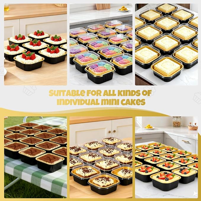 20 Pack 10oz Mini Cake Pans With Lids, Aluminum Foil Square Brownie Baking Cups,Disposable 4”x4” Large Cupcake Pan,Jumbo Muffin Tin Ramekins Holders-Black&Gold