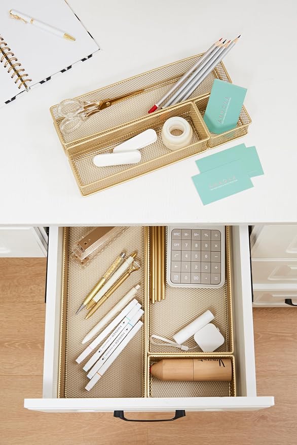 Annova Mesh Stackable Drawer Cabinet and Shelf Organizer Bins Storage Basket School Office Supply Holder Tray- Set of 2 (Gold, 6x9x2 Inch)