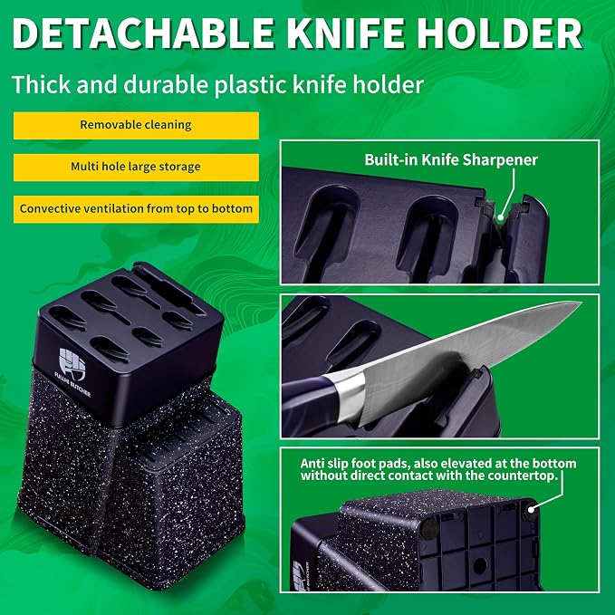 FULLHI 14pcs Block Knife Set, Chef's Knife Steak Knives Set with Block and Sharpener, Kitchen Knife Set, Multi-colour Handle, Gifts for Men Women
