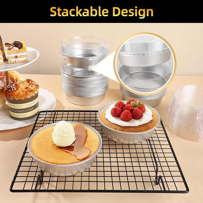 Beasea Mini Ramekins with Lids, 50 Pack 4 Inch 8oz Disposable Aluminum Foil Cake Baking Tins Pans Creme Brulee Tart Pie Tins Silver Small Individual Round Containers Oven Safe for Baking