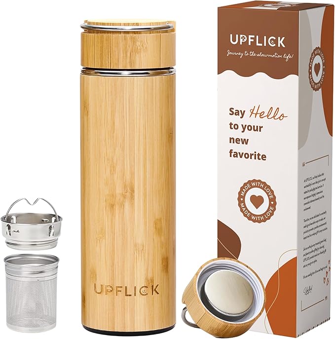 Bamboo Water Bottle Insulated Tea Tumbler for Men Birthday Gift, Women Travel Tea Set with Diffuser for Loose Tea Leaves, Stainless Steel Leak Proof Gift for Mom (15 oz)