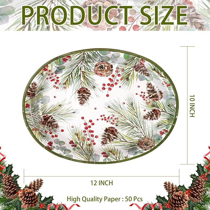 50Pcs Christmas Oval Paper Plates 10" x 12" Large Heavy Duty Watercolor Xmas Pine Cones Disposable Plates Winter Eucalyptus Holly Berry Dessert Platters for Merry Christmas Party Supplies Decor