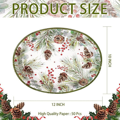 50Pcs Christmas Oval Paper Plates 10" x 12" Large Heavy Duty Watercolor Xmas Pine Cones Disposable Plates Winter Eucalyptus Holly Berry Dessert Platters for Merry Christmas Party Supplies Decor