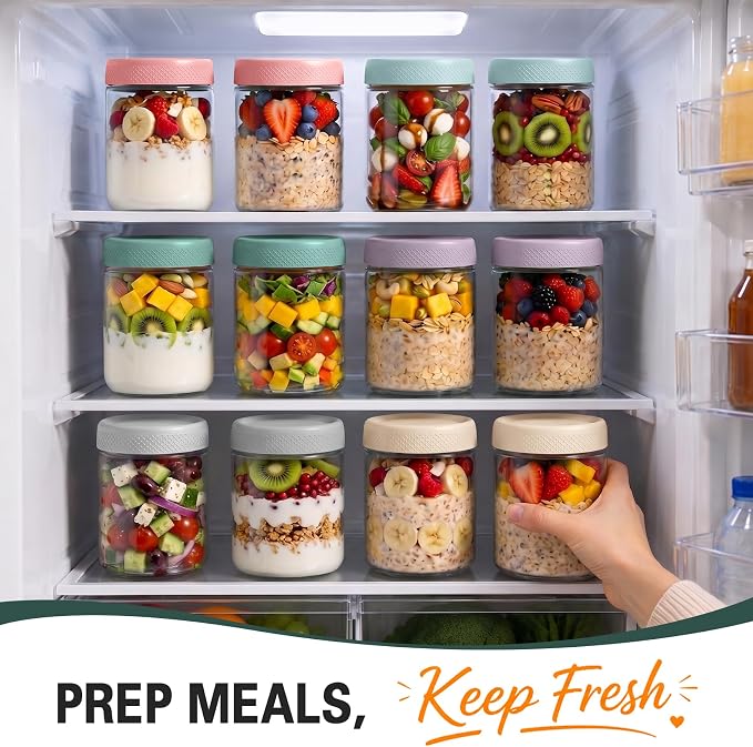 6 Pack Overnight Oats Containers with Lids, 16oz Wide Mouth Mason Jars, Glass Mason Jars with Airtight Lids, Sugar Bowls, Overnight Oats Jars for Yogurt, Meal Prep, Chia Pudding