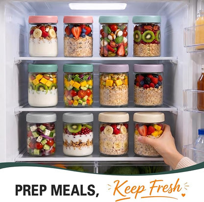 6 Pack Overnight Oats Containers with Lids, 16oz Wide Mouth Mason Jars, Glass Mason Jars with Airtight Lids, Sugar Bowls, Overnight Oats Jars for Yogurt, Meal Prep, Chia Pudding